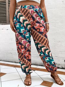 SHEIN Plus Geo Print Elastic Waist Trousers - Multicolor - View 1
