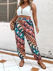 SHEIN Plus Geo Print Elastic Waist Trousers - Multicolor - View 5