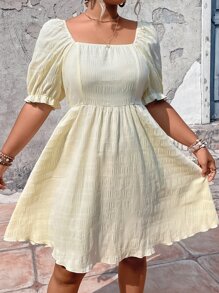 SHEIN Holidaya 大碼方領泡泡袖連衣裙 - 黃色 - 查看 3