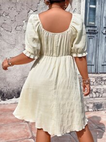 SHEIN Holidaya 大碼方領泡泡袖連衣裙 - 黃色 - 查看 4