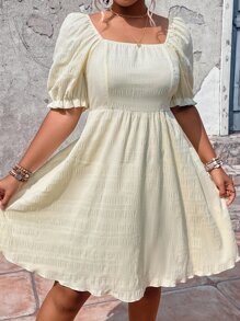 SHEIN Holidaya 大碼方領泡泡袖連衣裙 - 黃色 - 查看 1