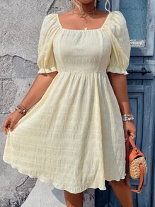 SHEIN Holidaya 大碼方領泡泡袖連衣裙 - 黃色 - 查看 2