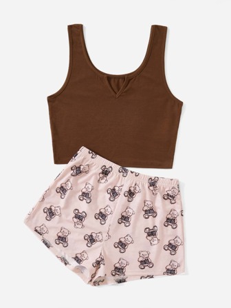 Cartoon Bear Print Notched Neck Lounge Set