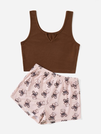 Cartoon Bear Print Notched Neck Lounge Set