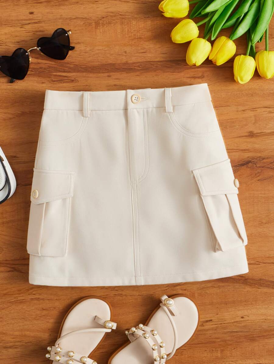 SHEIN 女孩翻蓋口袋工裝裙