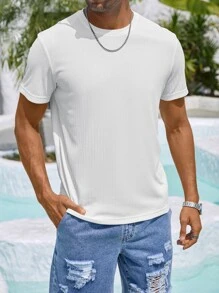 Manfinity Homme 男士T恤修身短袖無紋領BF休閒簡約夏季針織上衣 - 白色 - 查看 4