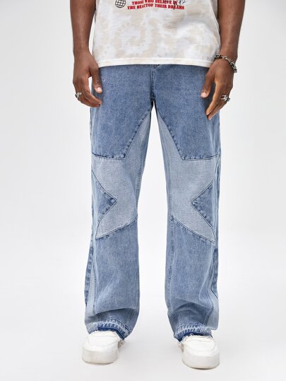 Jeans holgados de pierna recta con estampado de estrellas de algodón, escuela