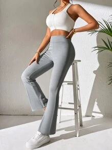 SHEIN PETITE Solid Flare Leg Trousers - Grey - View 2