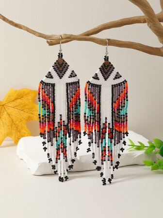 1雙編織種子釘珠長流蘇服裝適合女士