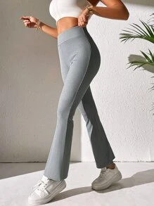 SHEIN PETITE Solid Flare Leg Trousers - Grey - View 4