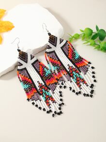 1雙編織種子釘珠長流蘇服裝適合女士 - 彩色 - 查看 2