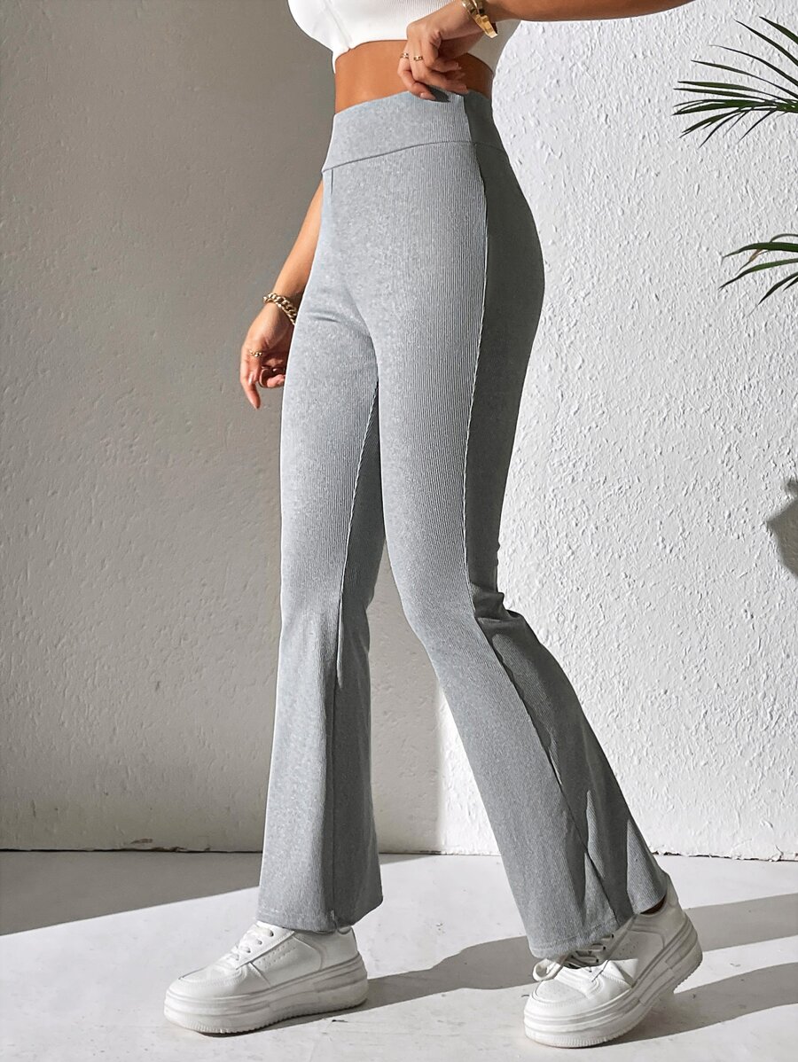 SHEIN PETITE Solid Flare Leg Trousers - Grey - View 1