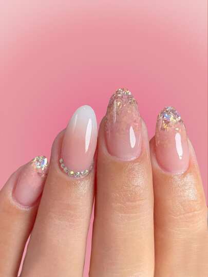 24pcs Long Oval 3D Rhinestone Decor Fake Nail & 1sheet Tape