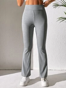 SHEIN PETITE Solid Flare Leg Trousers - Grey - View 5