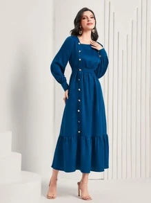 Mulvari Square Neck Ruffle Hem A-line Dress - Royal Blue - View 1