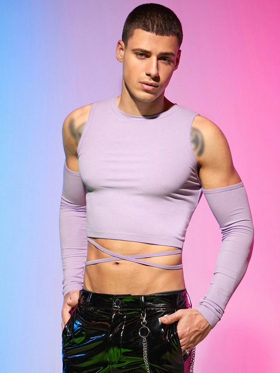 FeverCity 男士挖肩十字交叉後背繫帶短款T恤 - 紫丁香色 - 查看 1