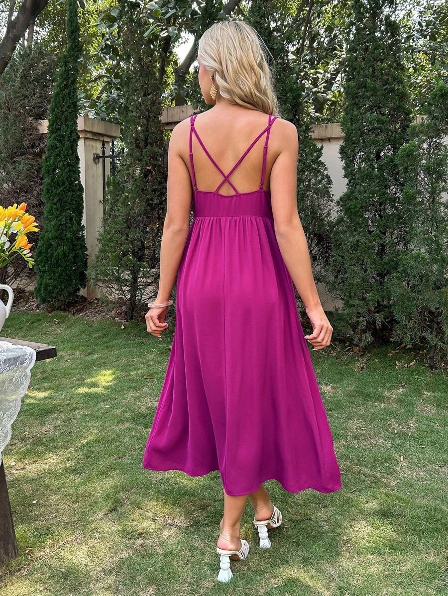 SHEIN 孕婦素色吊帶洋裝 - 中紫紅色 - 查看 1