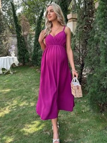 SHEIN 孕婦素色吊帶洋裝 - 中紫紅色 - 查看 6