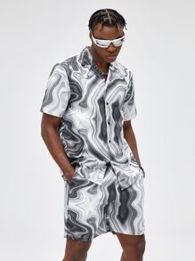 ROMWE MEN Street Life 男式大理石印花衬衫和抽绳腰短裤