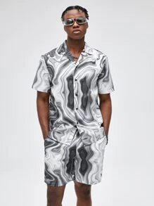ROMWE MEN Street Life 男式大理石印花衬衫和抽绳腰短裤