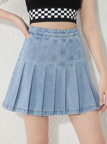 SHEIN 青少年女孩側拉鏈百褶牛仔半身裙