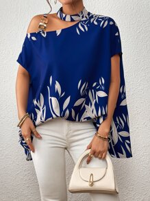 SHEIN Clasi 植物圖案不對稱領鏈條細節蝙蝠袖襯衫 - 寶藍色 - 查看 1