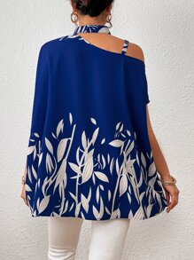 SHEIN Clasi 植物圖案不對稱領鏈條細節蝙蝠袖襯衫 - 寶藍色 - 查看 2