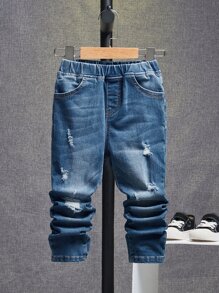 SHEIN Toddler Boys Ripped Frayed Bleach Wash Jeans - Medium Wash - View 1