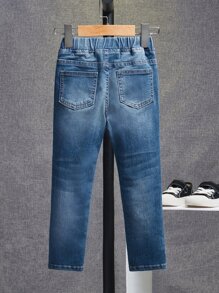 SHEIN Toddler Boys Ripped Frayed Bleach Wash Jeans - Medium Wash - View 2