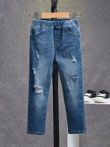 SHEIN Toddler Boys Ripped Frayed Bleach Wash Jeans - Medium Wash - View 4