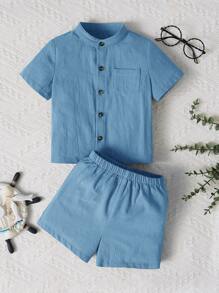 SHEIN Baby Boy Patched Pocket Shirt & Shorts - Blue - View 1