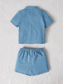 SHEIN Baby Boy Patched Pocket Shirt & Shorts - Blue - View 2