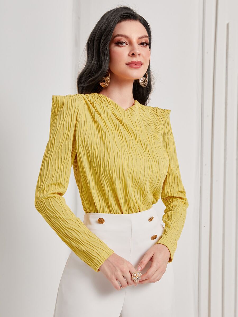 Modelyn 素色側收褶墊肩T恤 - 芥末黃 - 查看 1