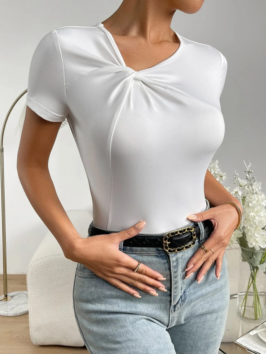 SHEIN Essnce Áo thun nữ xoắn lại màu trơn Giải trí - trắng - Xem 1