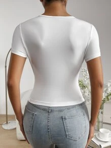 SHEIN Essnce Áo thun nữ xoắn lại màu trơn Giải trí - trắng - Xem 2