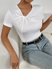 SHEIN Essnce Áo thun nữ xoắn lại màu trơn Giải trí - trắng - Xem 3