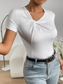 SHEIN Essnce Áo thun nữ xoắn lại màu trơn Giải trí - trắng - Xem 5