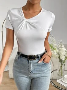 SHEIN Essnce Áo thun nữ xoắn lại màu trơn Giải trí - trắng - Xem 6