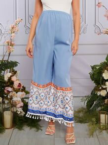 SHEIN Maternidad Pantalones de pierna ancha con estampado floral bajo con fleco - Multicolor - Ver 1