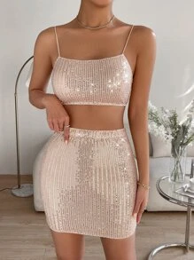 SHEIN BAE Sequin Crop Cami Top & Bodycon Skirt - Champagne - View 5