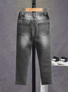 SHEIN 小男童彈性腰帶水洗牛仔褲 - 深灰色 - 查看 2