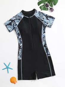 SHEIN Teen Girls Plant Print Zipper Front One Piece Swimsuit - Black - View 1