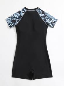 SHEIN Teen Girls Plant Print Zipper Front One Piece Swimsuit - Black - View 2