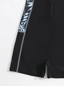 SHEIN Teen Girls Plant Print Zipper Front One Piece Swimsuit - Black - View 3