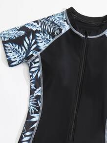 SHEIN Teen Girls Plant Print Zipper Front One Piece Swimsuit - Black - View 4