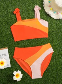 SHEIN Teen Girls Colorblock Bow Shoulder Bikini Set Summer Beach - Orange - View 1