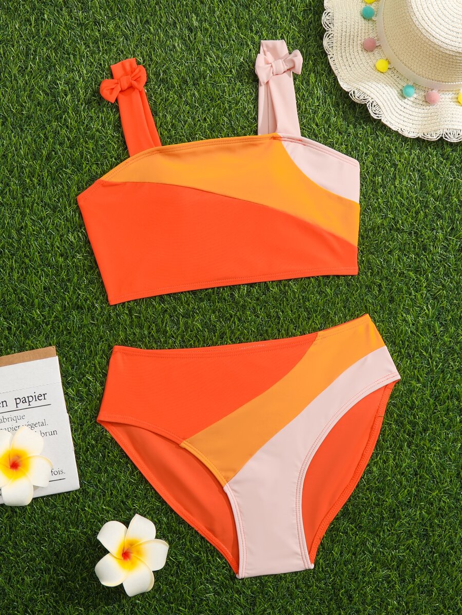 SHEIN Teen Girls Colorblock Bow Shoulder Bikini Set Summer Beach - Orange - View 1