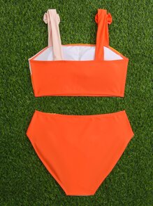 SHEIN Teen Girls Colorblock Bow Shoulder Bikini Set Summer Beach - Orange - View 2