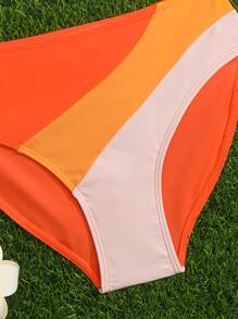 SHEIN Teen Girls Colorblock Bow Shoulder Bikini Set Summer Beach - Orange - View 4