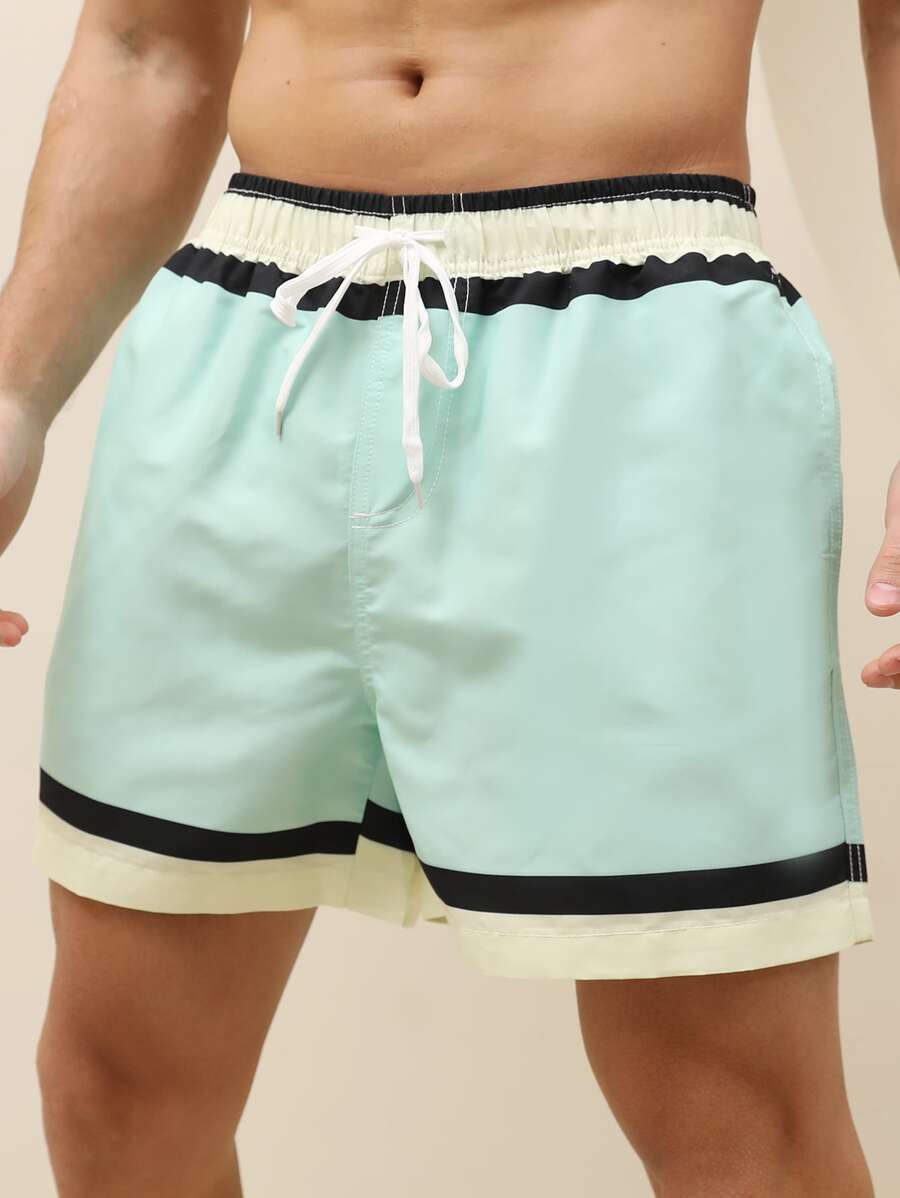 Manfinity Hombres Shorts de natación ribete de rayas de cintura con cordón - verde menta - Ver 1